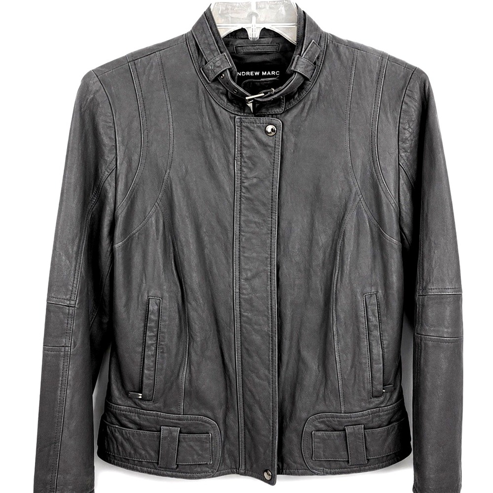 Andrew Marc Leather Moto Jacket Women Medium Gray Buckle Collar Biker Slate Coat